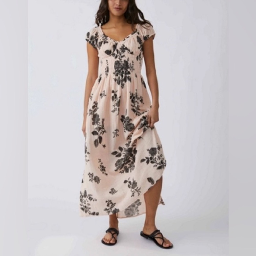 Free People Forget Me Not Gauze Gauzy Cotton Boho Maxi Dress‎ Peach Combo